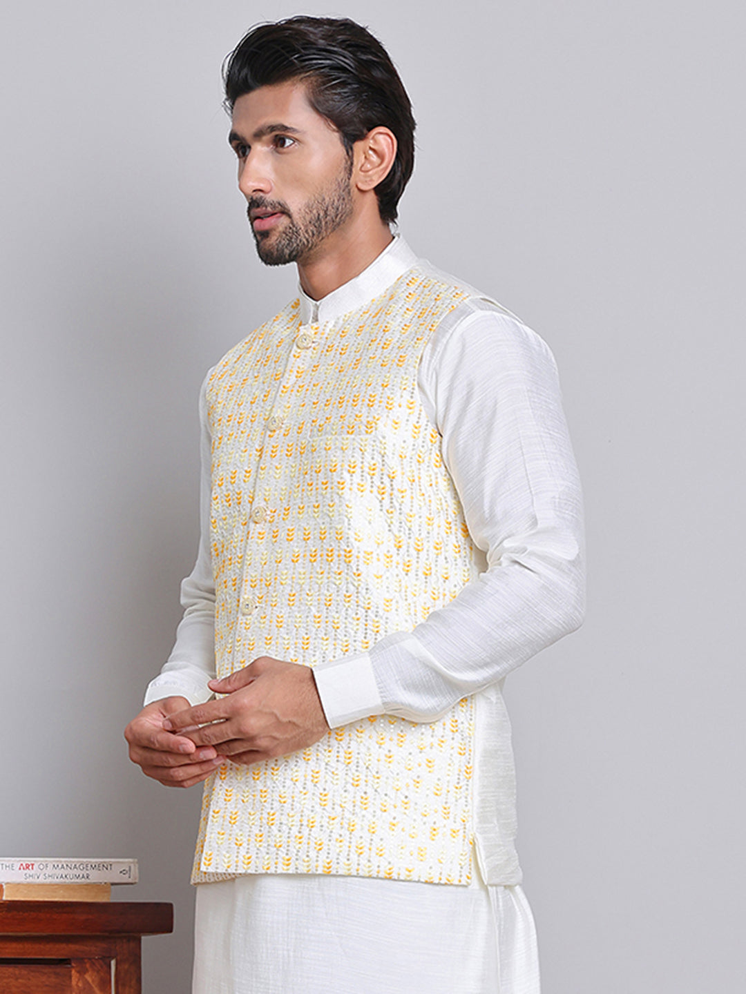 Embroidered Nehru Jacket For Men ( JOWC 4121Yellow )