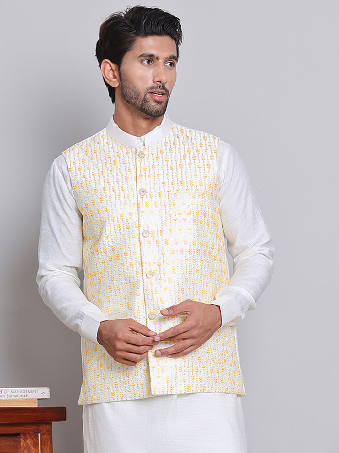 Embroidered Nehru Jacket For Men ( JOWC 4121Yellow )