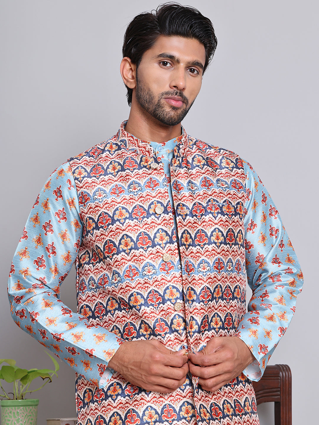 Digital Printed Nehru Jacket For Men ( JOWC 4122Blue )