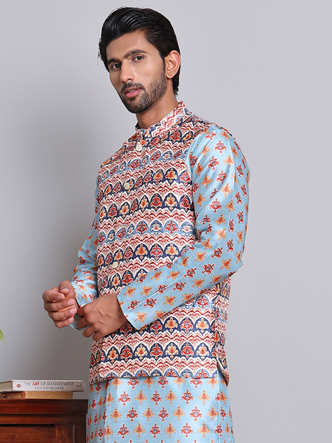 Digital Printed Nehru Jacket For Men ( JOWC 4122Blue )