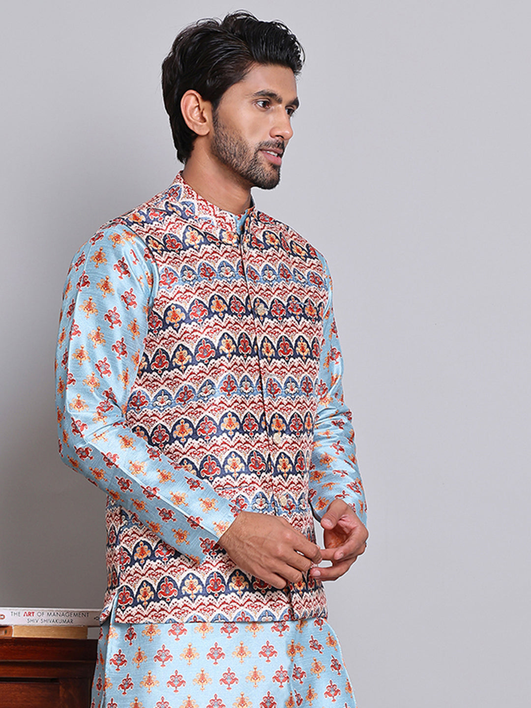 Digital Printed Nehru Jacket For Men ( JOWC 4122Blue )