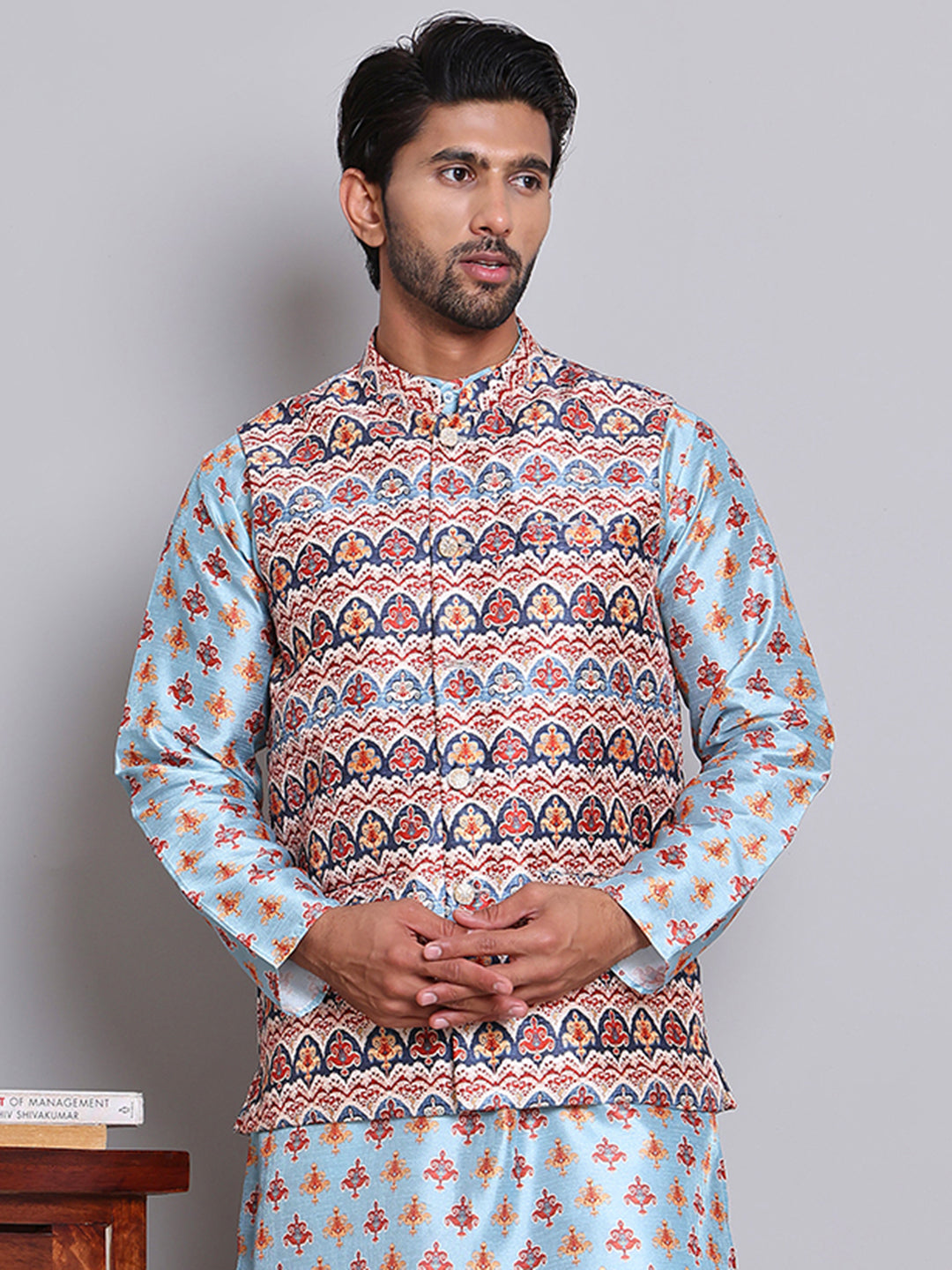 Digital Printed Nehru Jacket For Men ( JOWC 4122Blue )