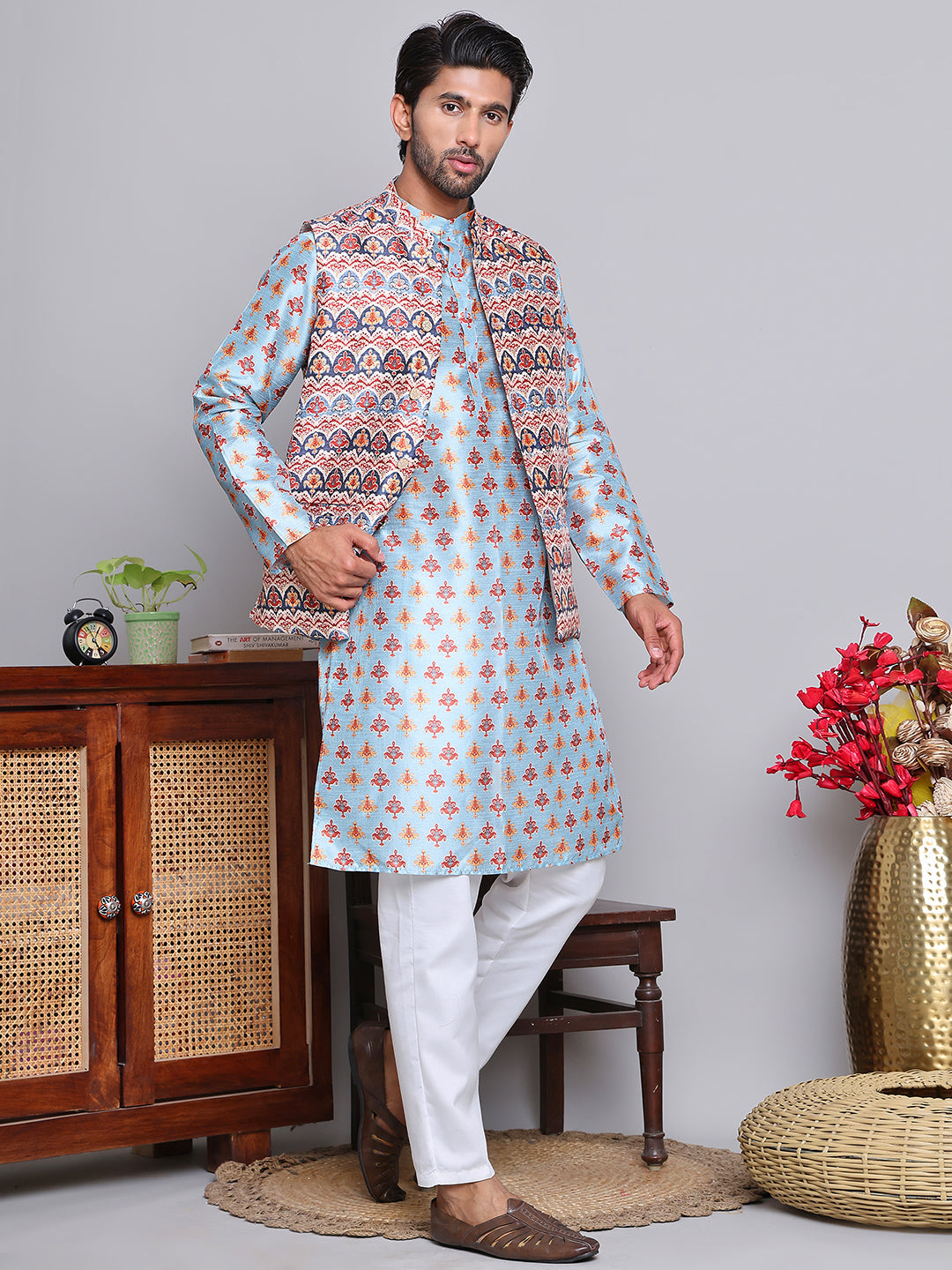 Digital Printed Nehru Jacket For Men ( JOWC 4122Blue )