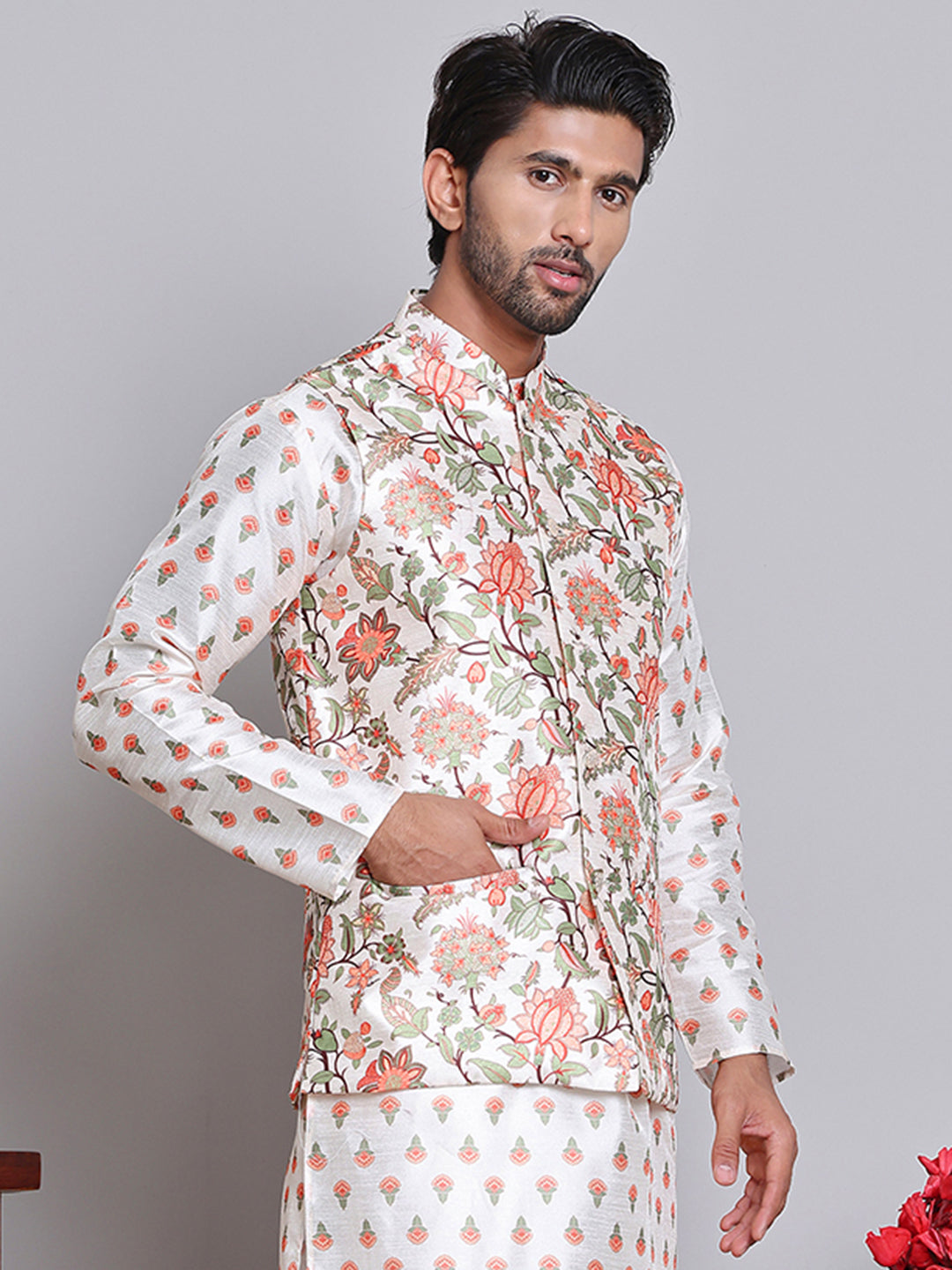 Digital Printed Nehru Jacket For Men ( JOWC 4122Cream )