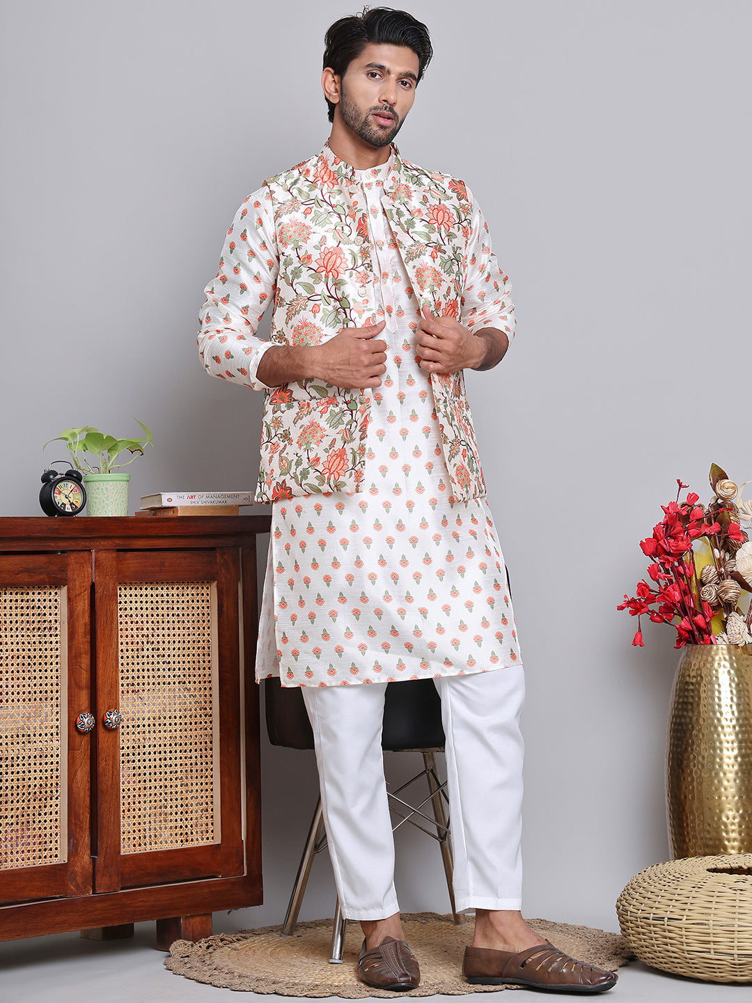 Digital Printed Nehru Jacket For Men ( JOWC 4122Cream )