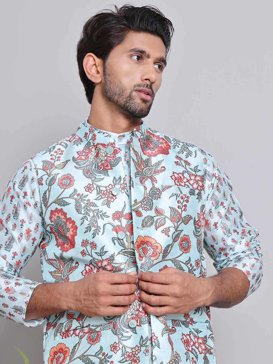 Digital Printed Nehru Jacket For Men ( JOWC 4122Firozi )