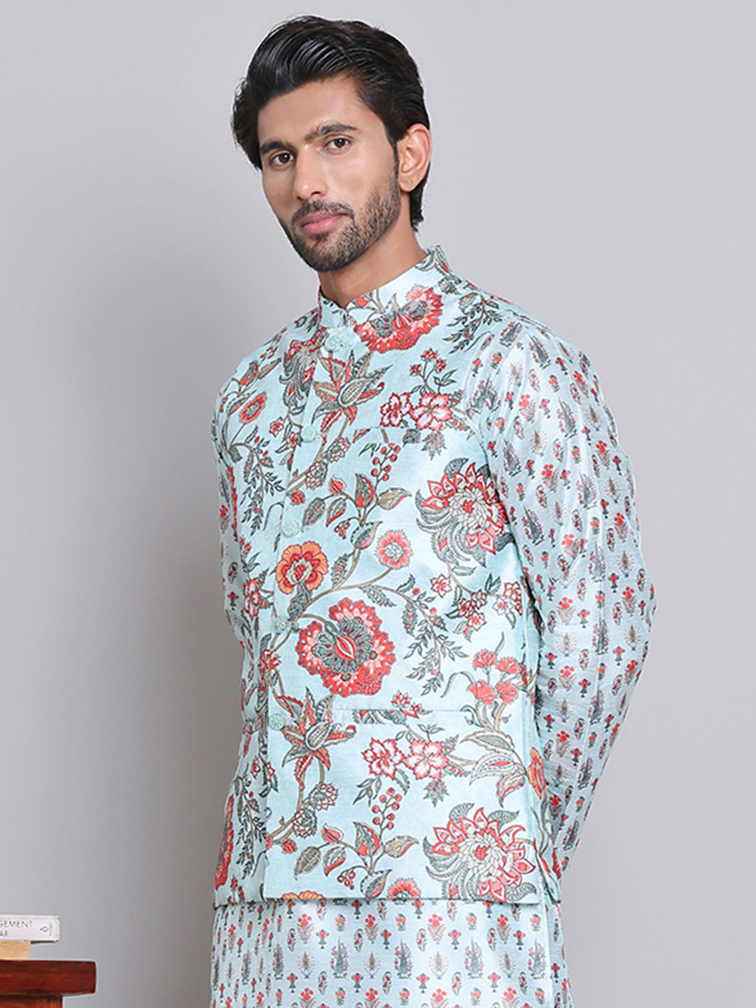 Digital Printed Nehru Jacket For Men ( JOWC 4122Firozi )