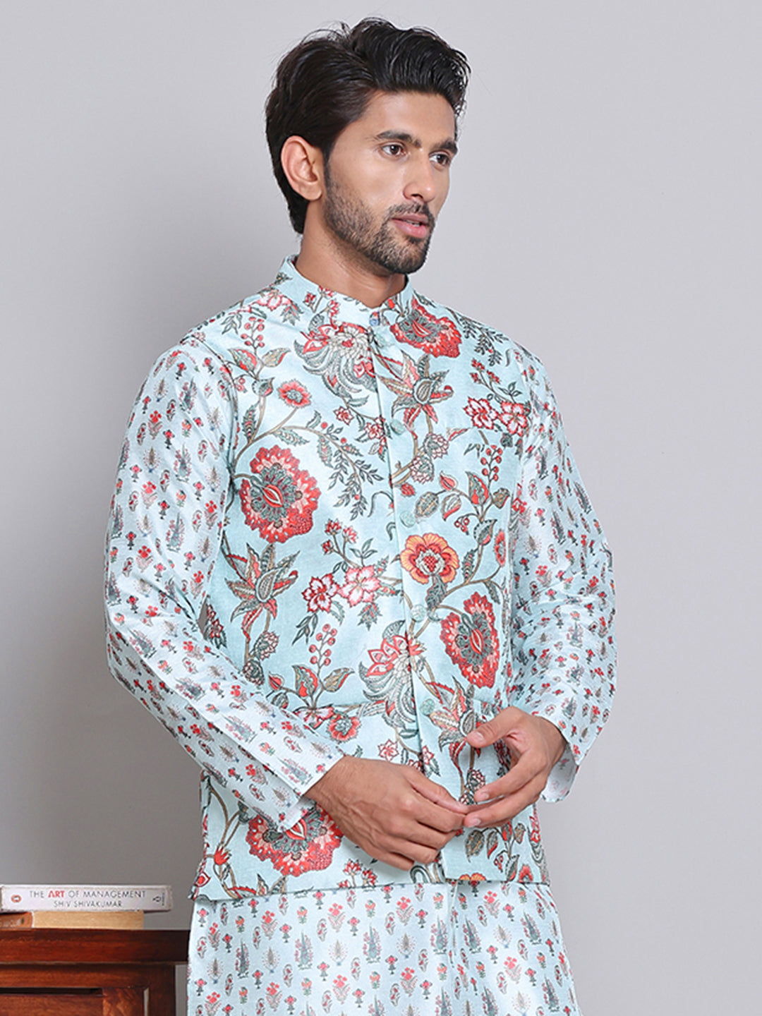 Digital Printed Nehru Jacket For Men ( JOWC 4122Firozi )