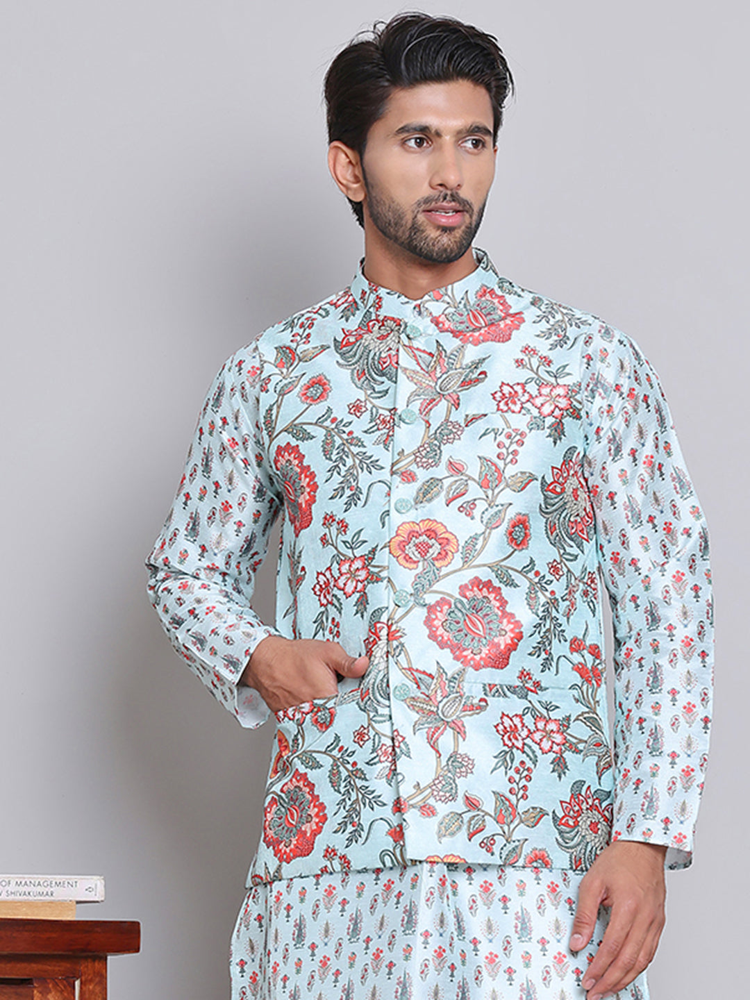 Digital Printed Nehru Jacket For Men ( JOWC 4122Firozi )