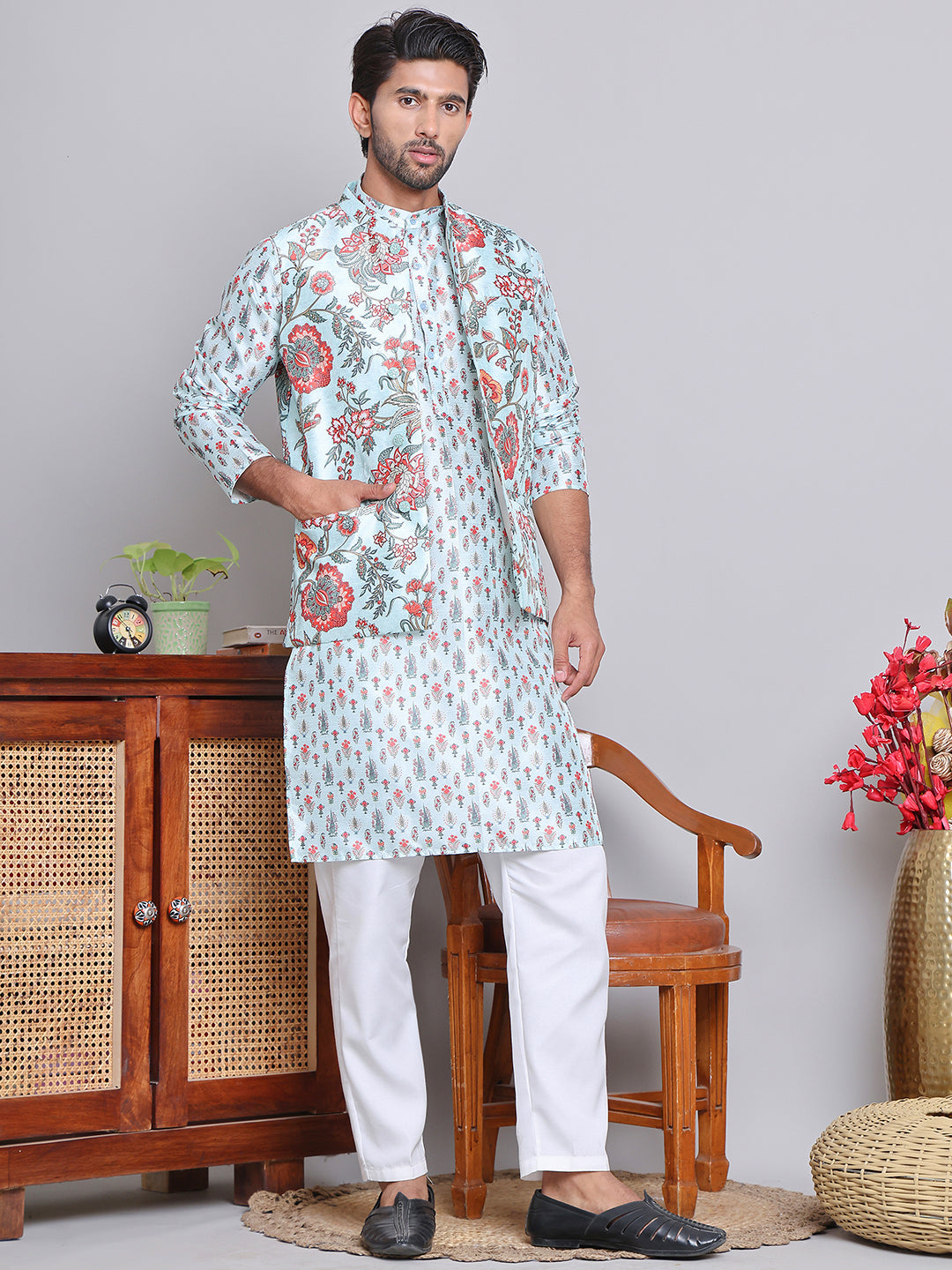 Digital Printed Nehru Jacket For Men ( JOWC 4122Firozi )