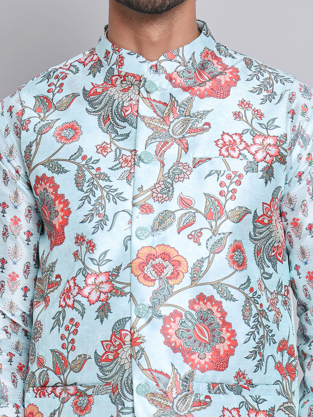 Digital Printed Nehru Jacket For Men ( JOWC 4122Firozi )