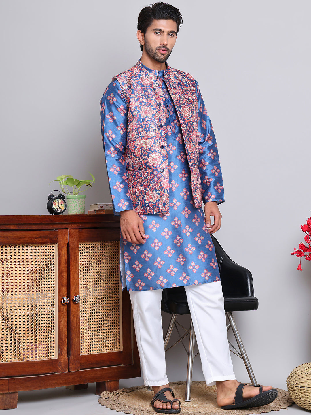 Digital Printed Nehru Jacket For Men ( JOWC 4122Peacock )