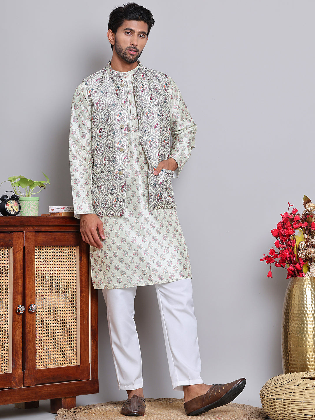 Digital Printed Nehru Jacket For Men ( JOWC 4122Pista )