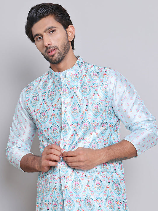 Digital Printed Nehru Jacket For Men ( JOWC 4122Sky )