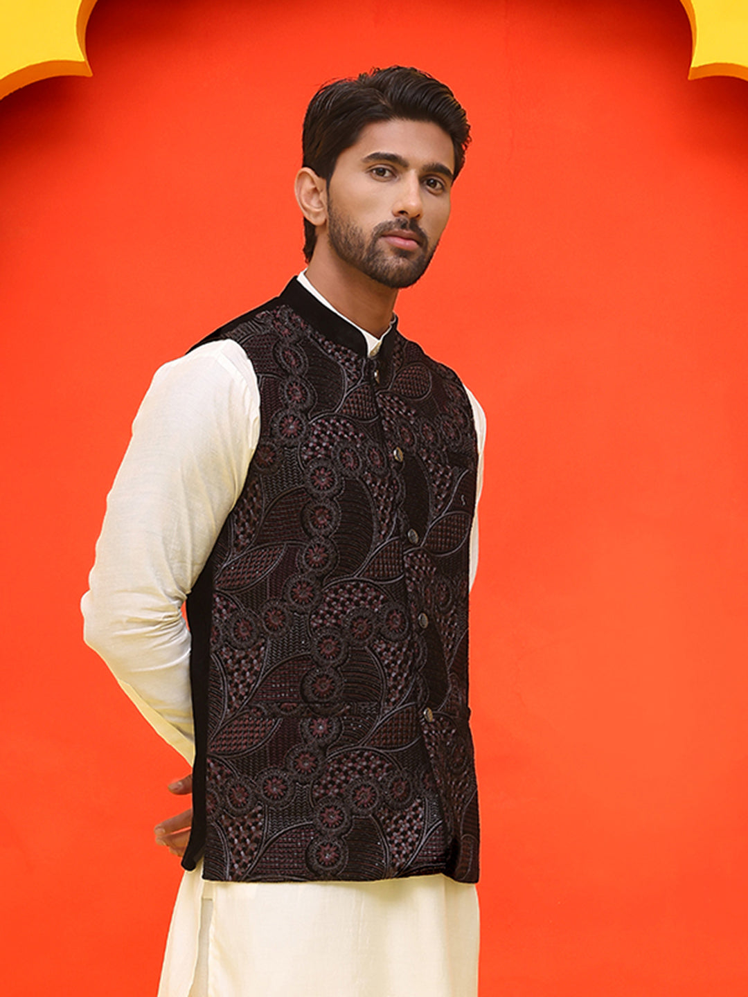 Black Embroidered Velvet Nehru Jacket for Men ( JOWC 4123 Black )