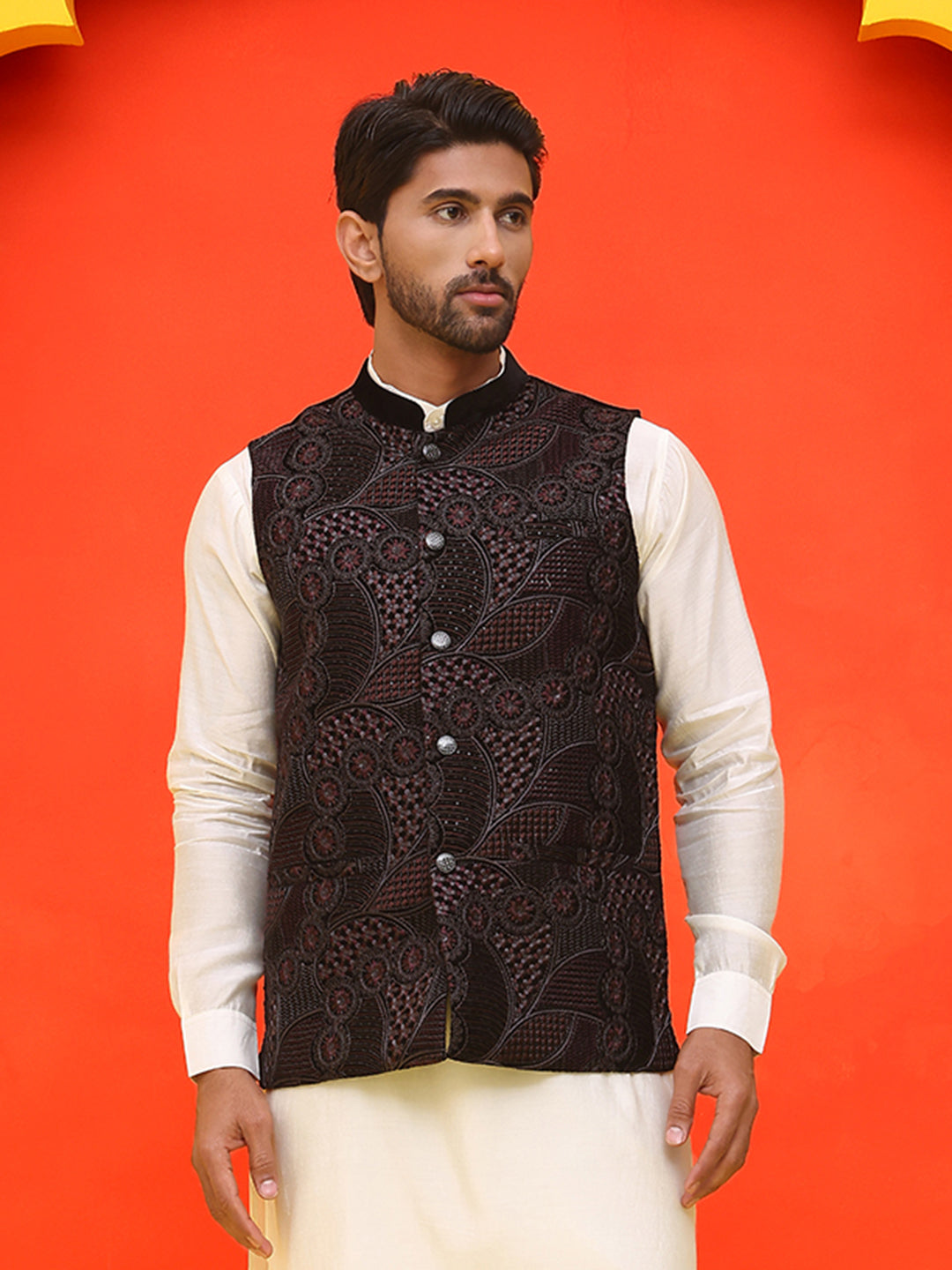 Black Embroidered Velvet Nehru Jacket for Men ( JOWC 4123 Black )