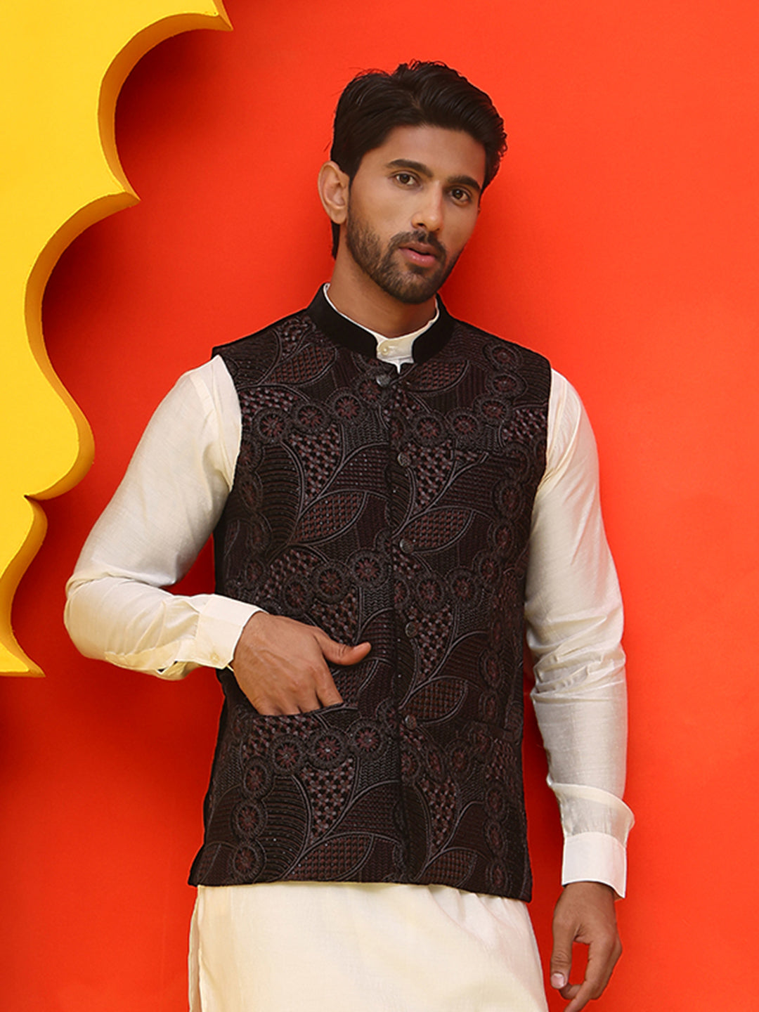 Black Embroidered Velvet Nehru Jacket for Men ( JOWC 4123 Black )