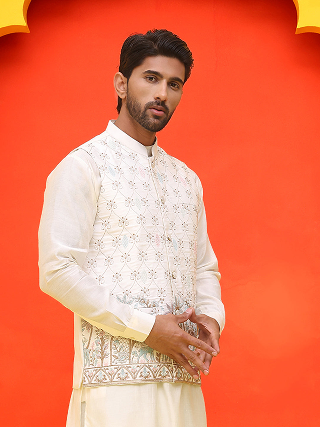 White Embroidered Silk Blend Nehru Jacket for Men ( JOWC 4124 White )
