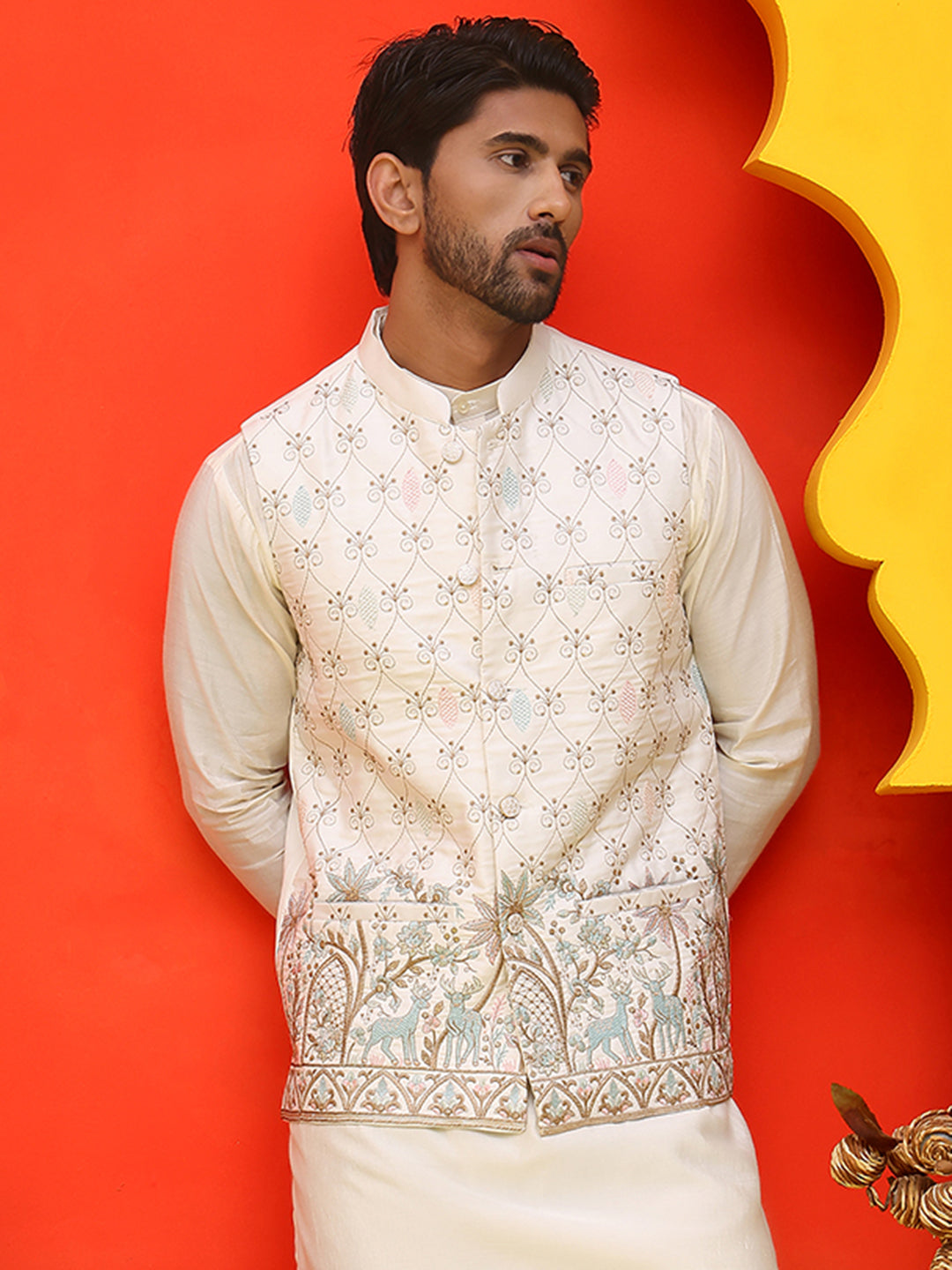 White Embroidered Silk Blend Nehru Jacket for Men ( JOWC 4124 White )
