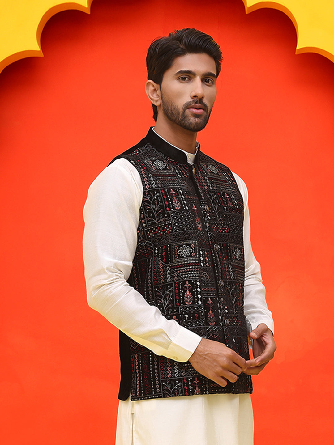 Black Embroidered Velvet Nehru Jacket for Men ( JOWC 4125 Black )