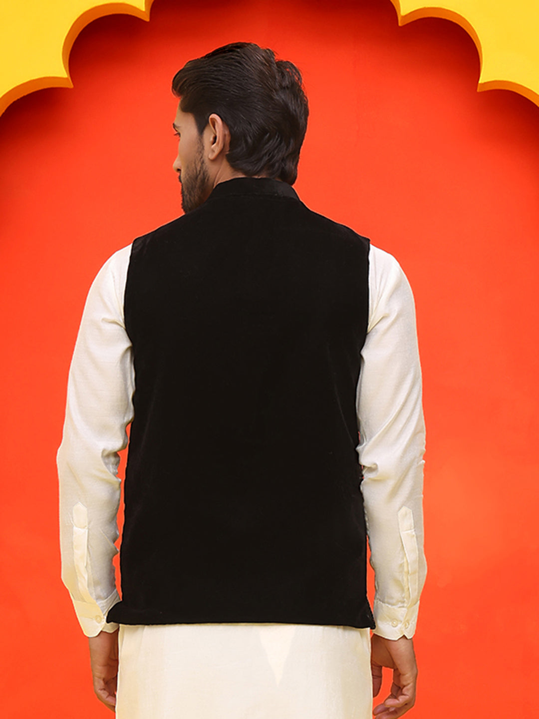 Black Embroidered Velvet Nehru Jacket for Men ( JOWC 4125 Black )