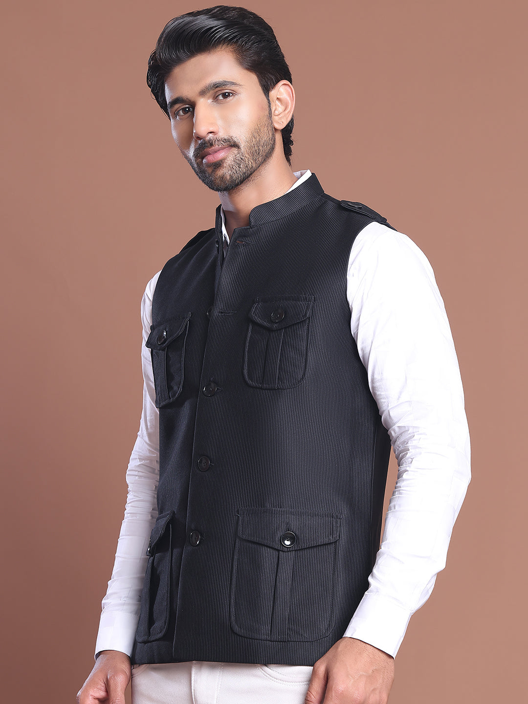 Black Soild Nehru Jacket for Men ( JOWC 4128 Black )