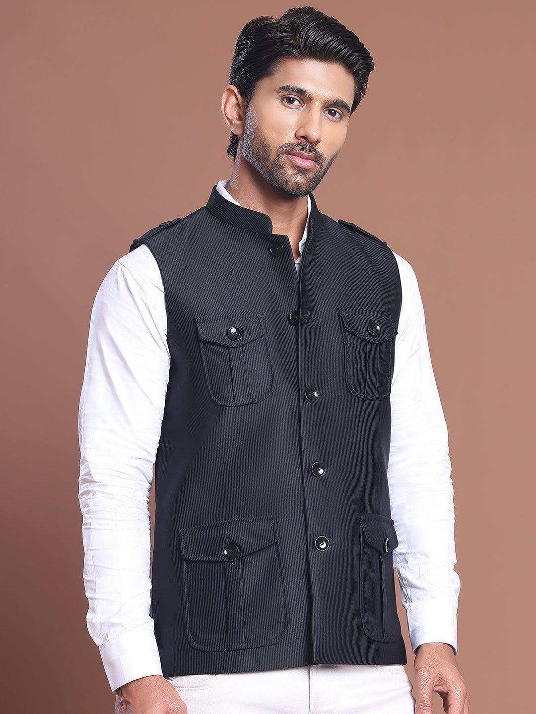 Black Soild Nehru Jacket for Men ( JOWC 4128 Black )