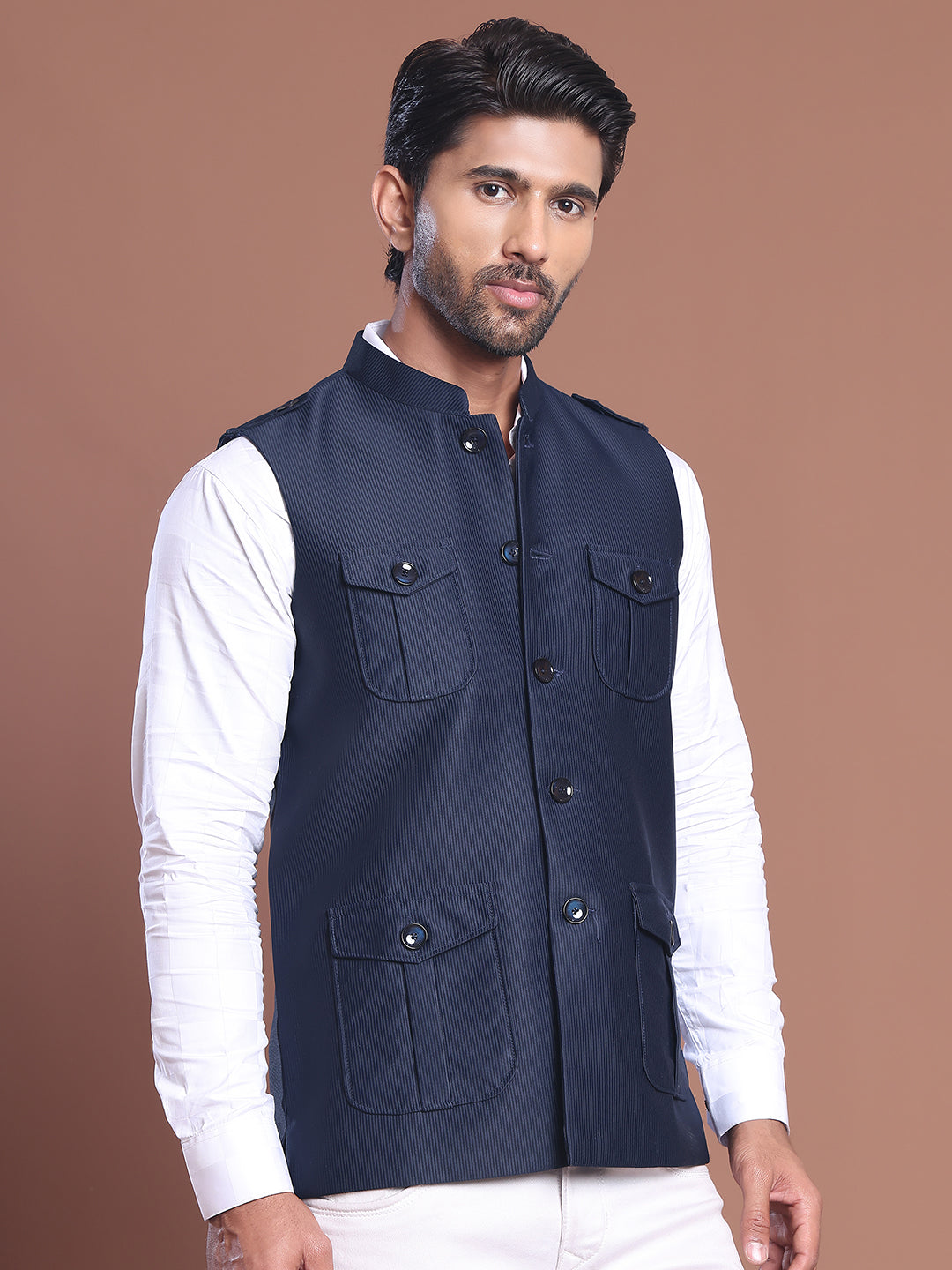 Navy Blue Soild Nehru Jacket for Men ( JOWC 4128 Navy )