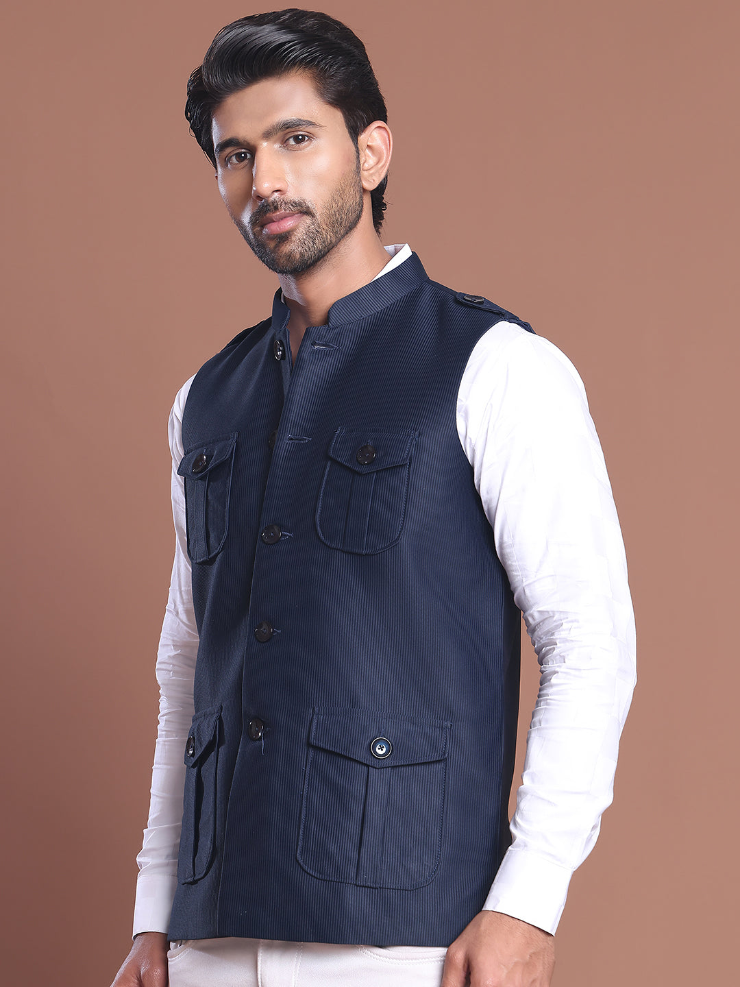 Navy Blue Soild Nehru Jacket for Men ( JOWC 4128 Navy )