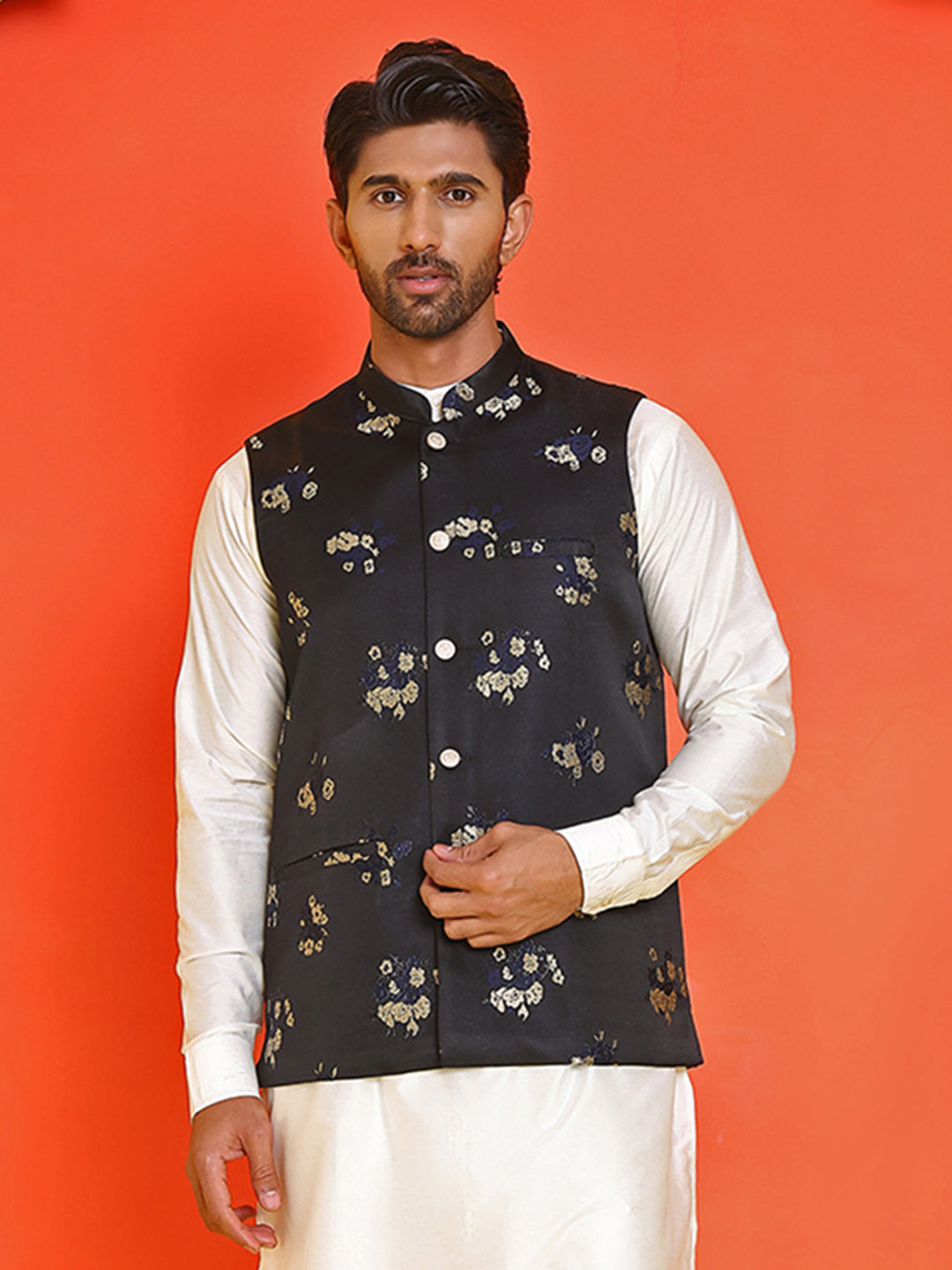 Embossed design Nehru Jacket for Men ( JOWC 4130 Black )