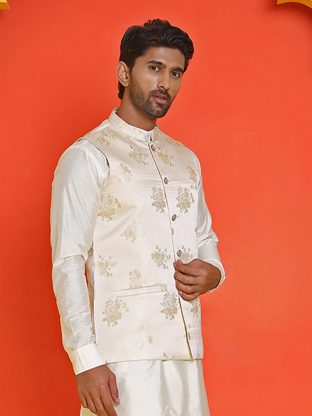Embossed design Nehru Jacket for Men ( JOWC 4130 Cream )
