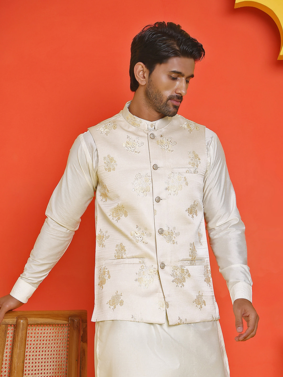 Embossed design Nehru Jacket for Men ( JOWC 4130 Cream )
