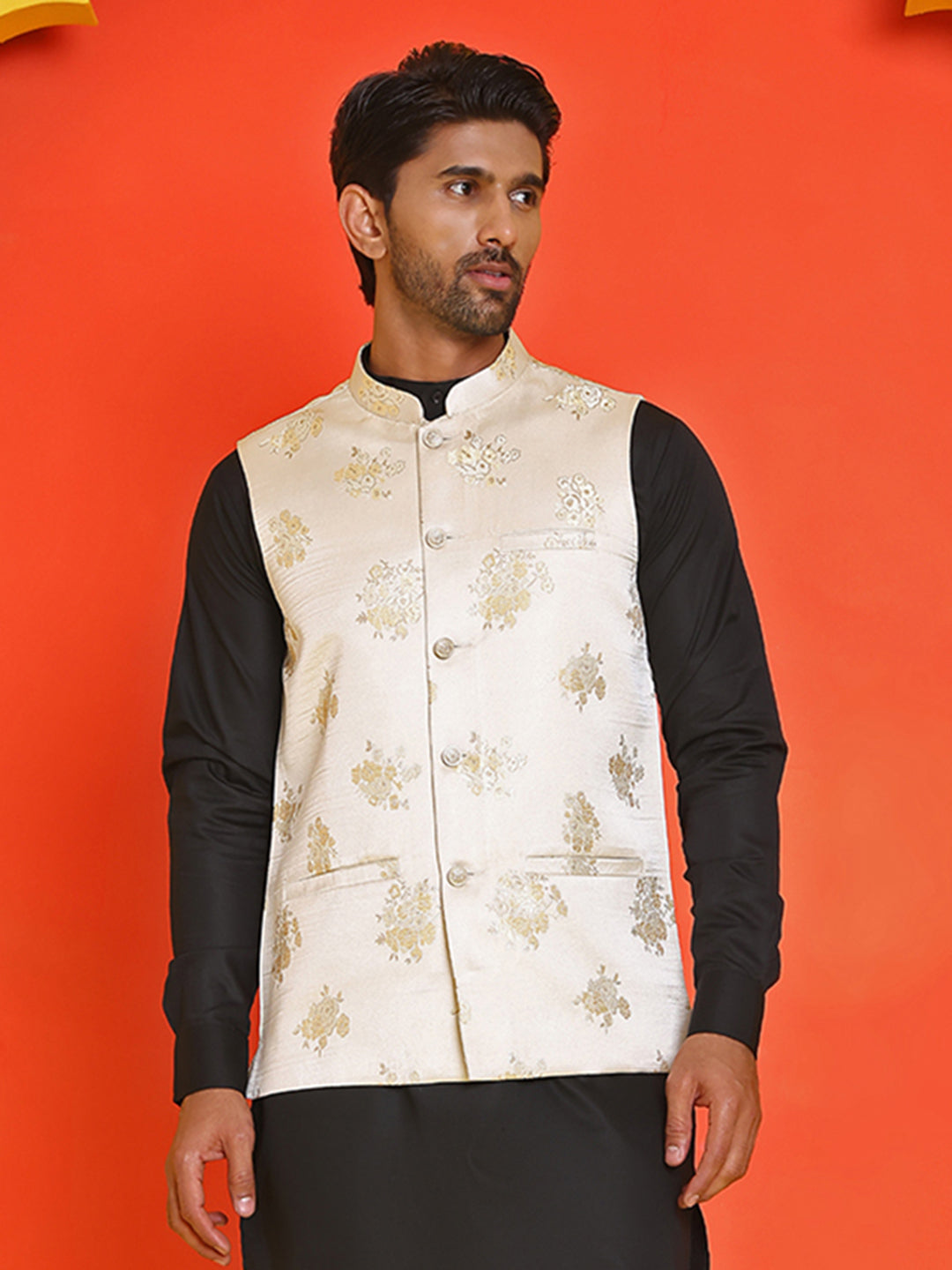 Embossed design Nehru Jacket for Men ( JOWC 4130 Cream )