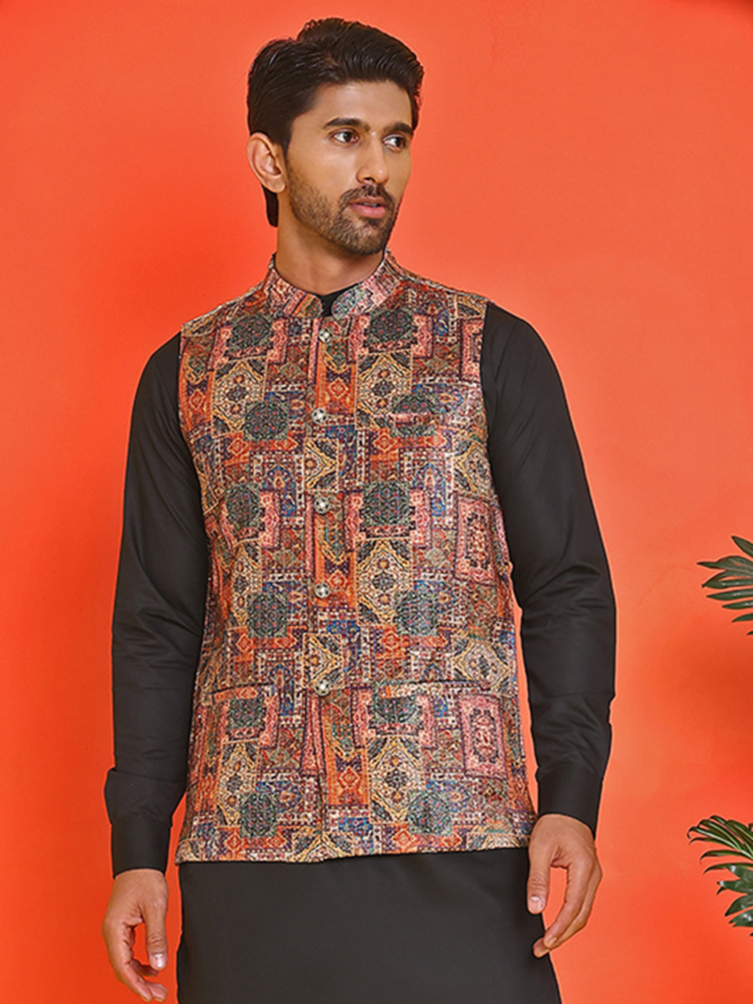 Printed & Sequins Velvet Nehru Jacket for Men ( JOWC 4132 Orange )