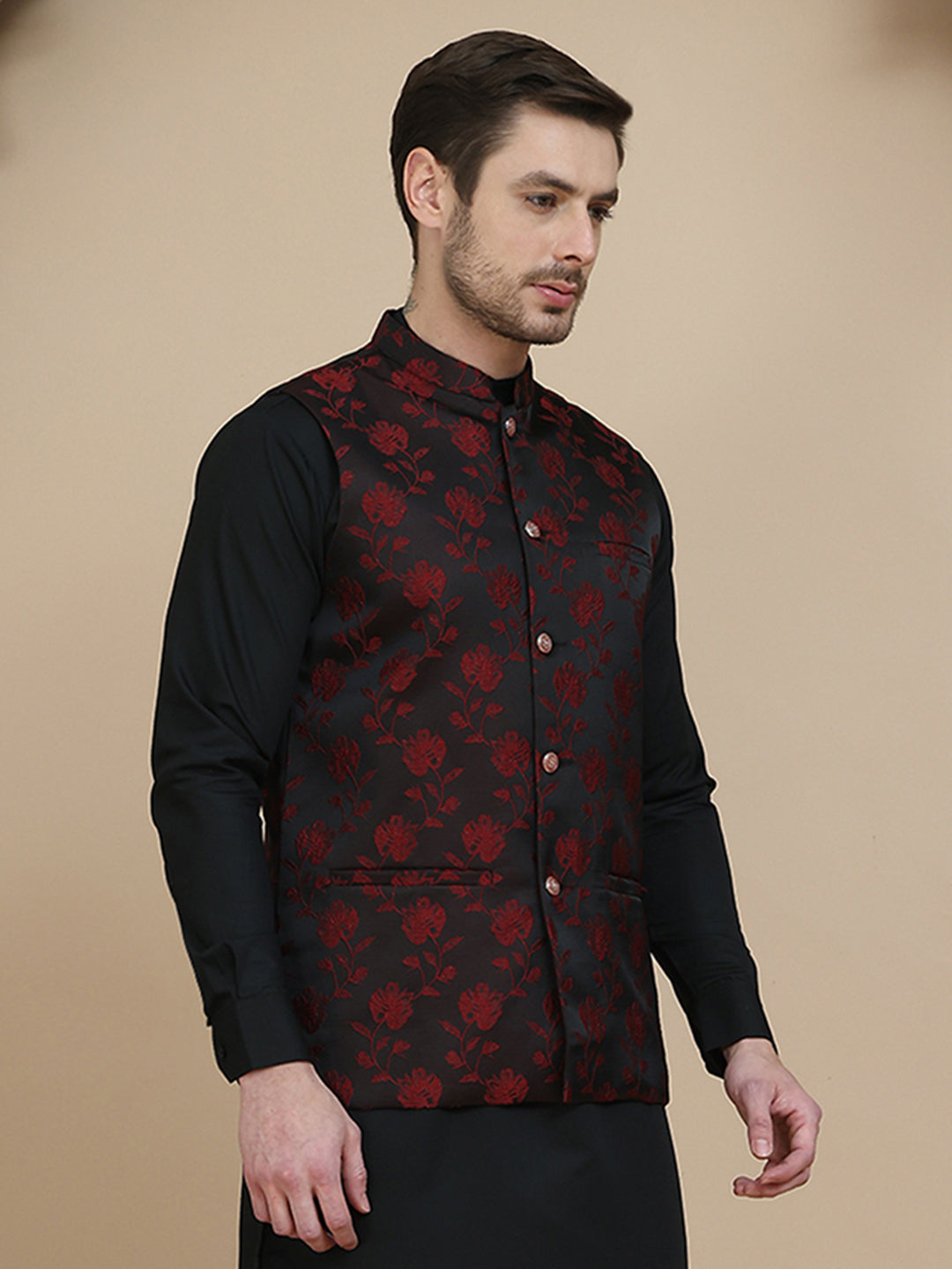 Embossed Nehru Jacket for Men ( JOWC 4133 Maroon )