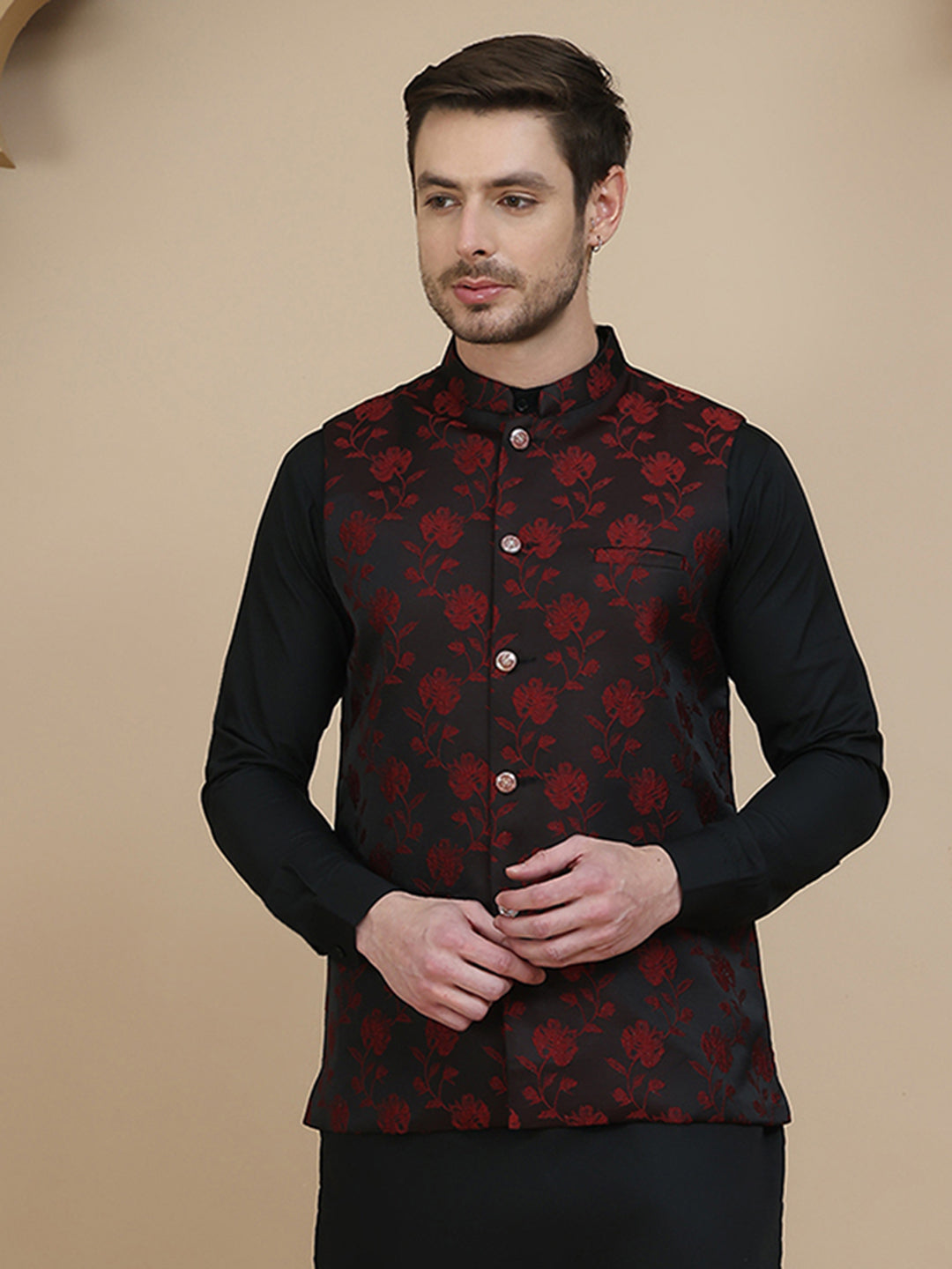 Embossed Nehru Jacket for Men ( JOWC 4133 Maroon )