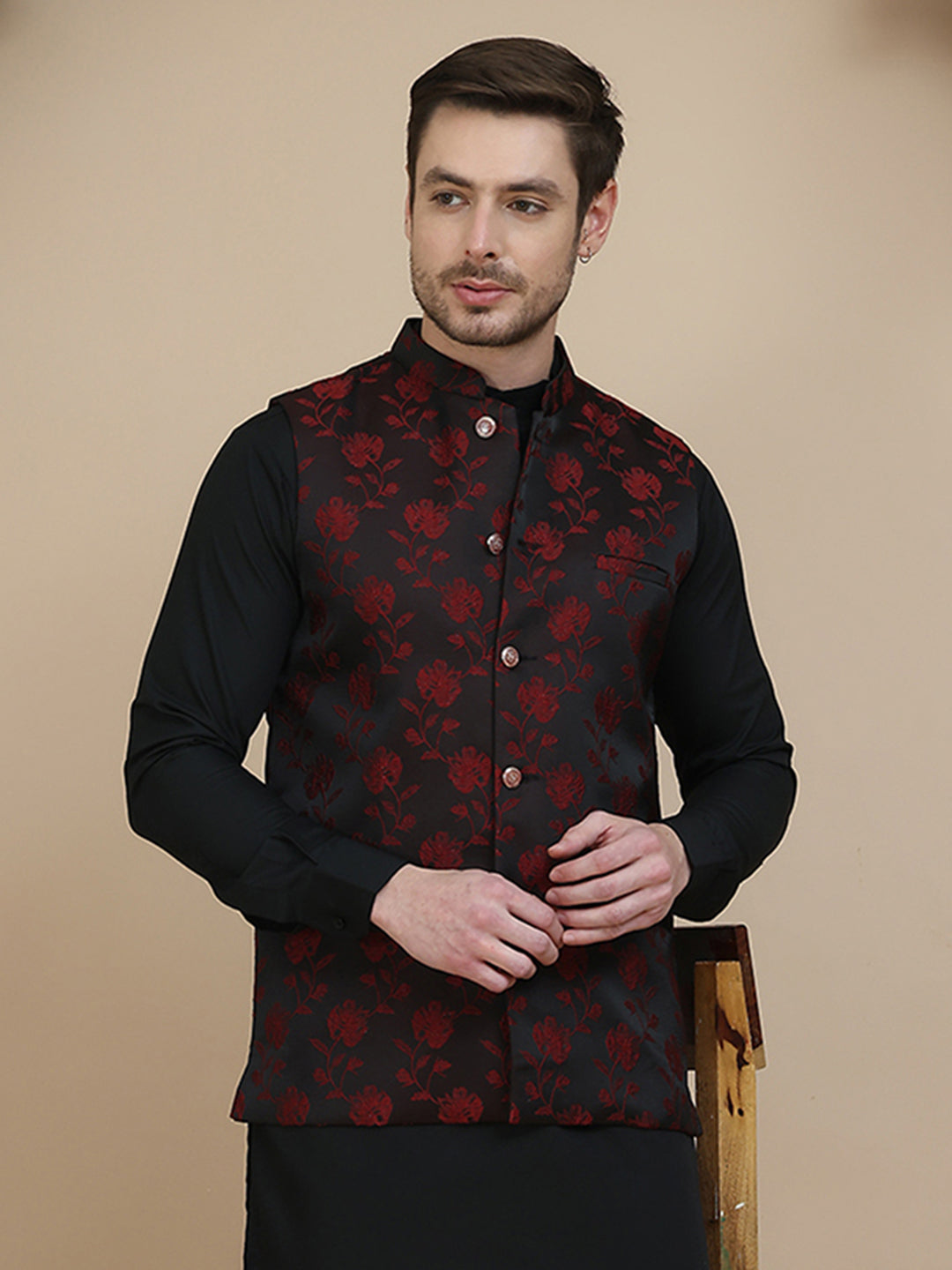 Embossed Nehru Jacket for Men ( JOWC 4133 Maroon )