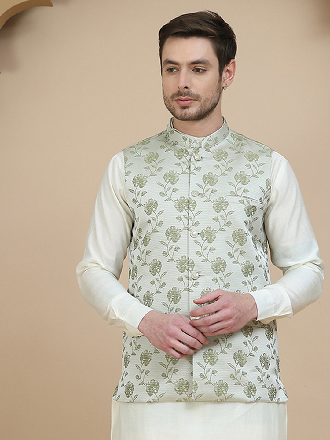 Embossed Nehru Jacket for Men ( JOWC 4133 Pista )