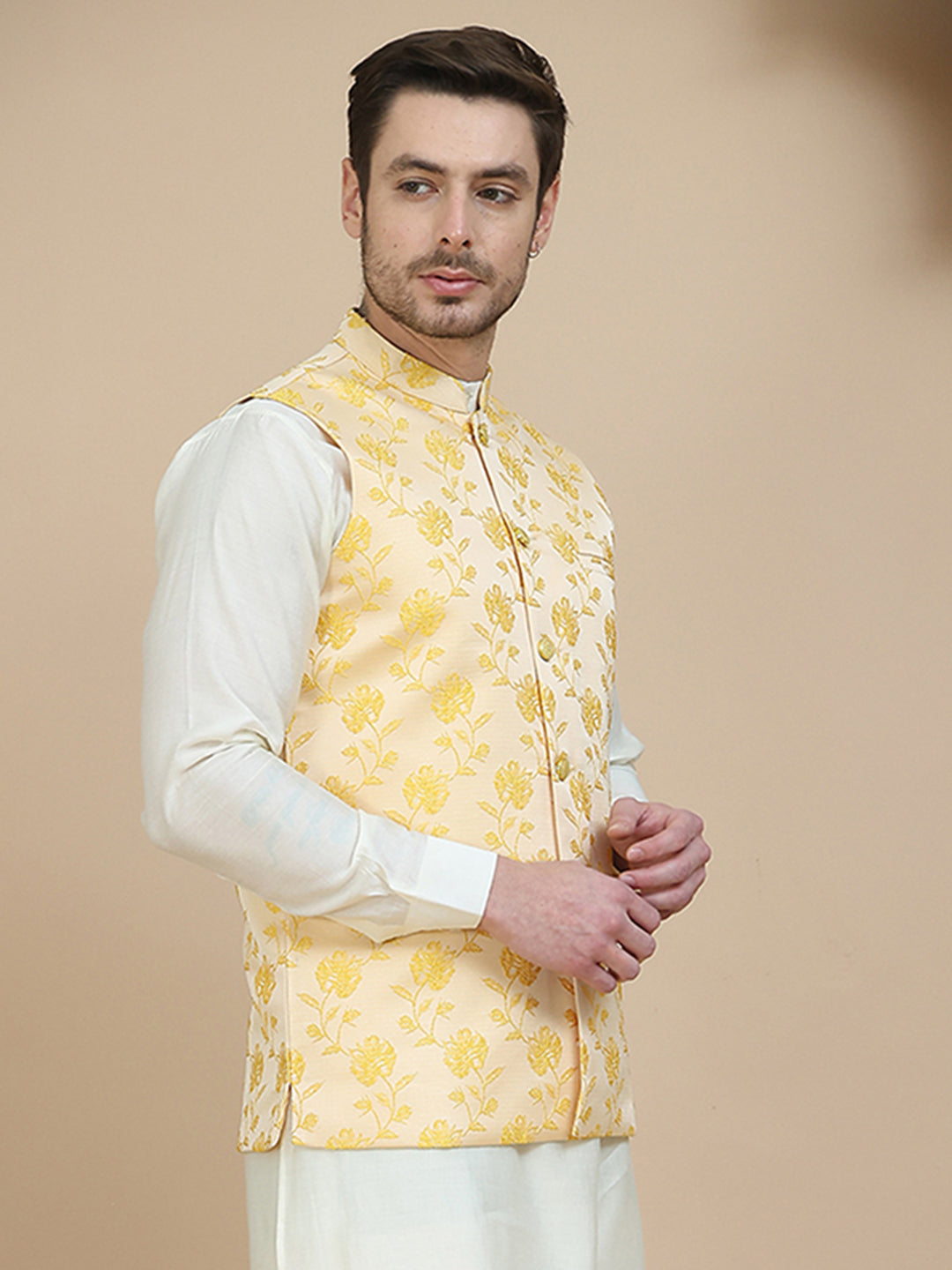 Embossed Nehru Jacket for Men ( JOWC 4133 Yellow )