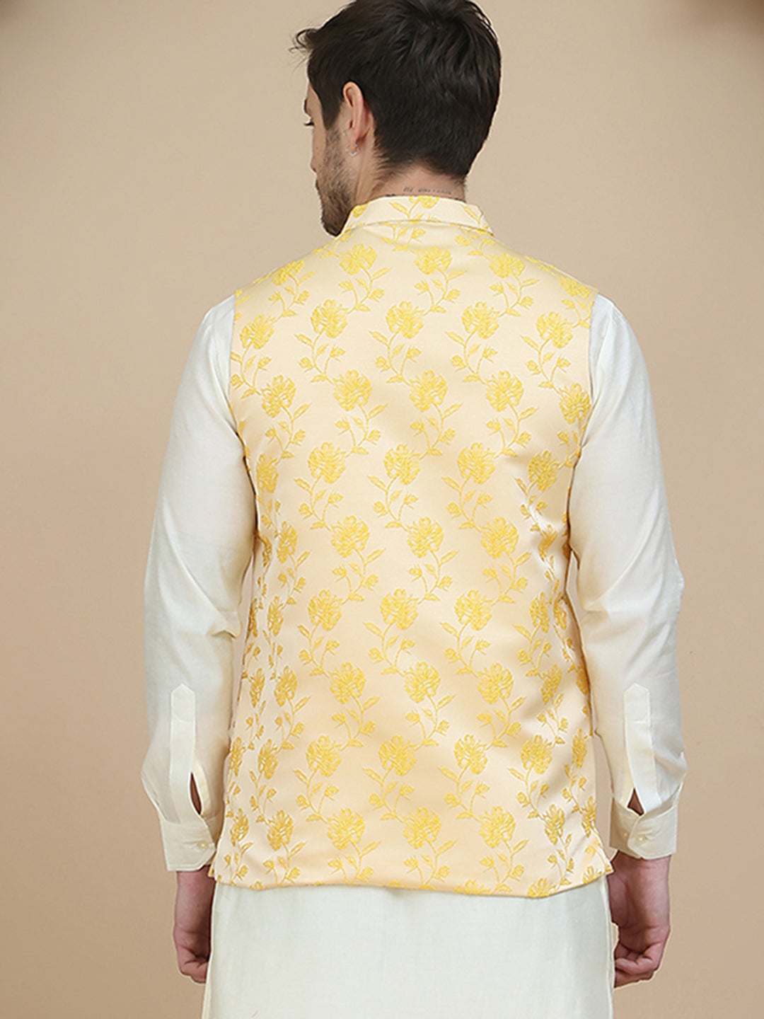 Embossed Nehru Jacket for Men ( JOWC 4133 Yellow )