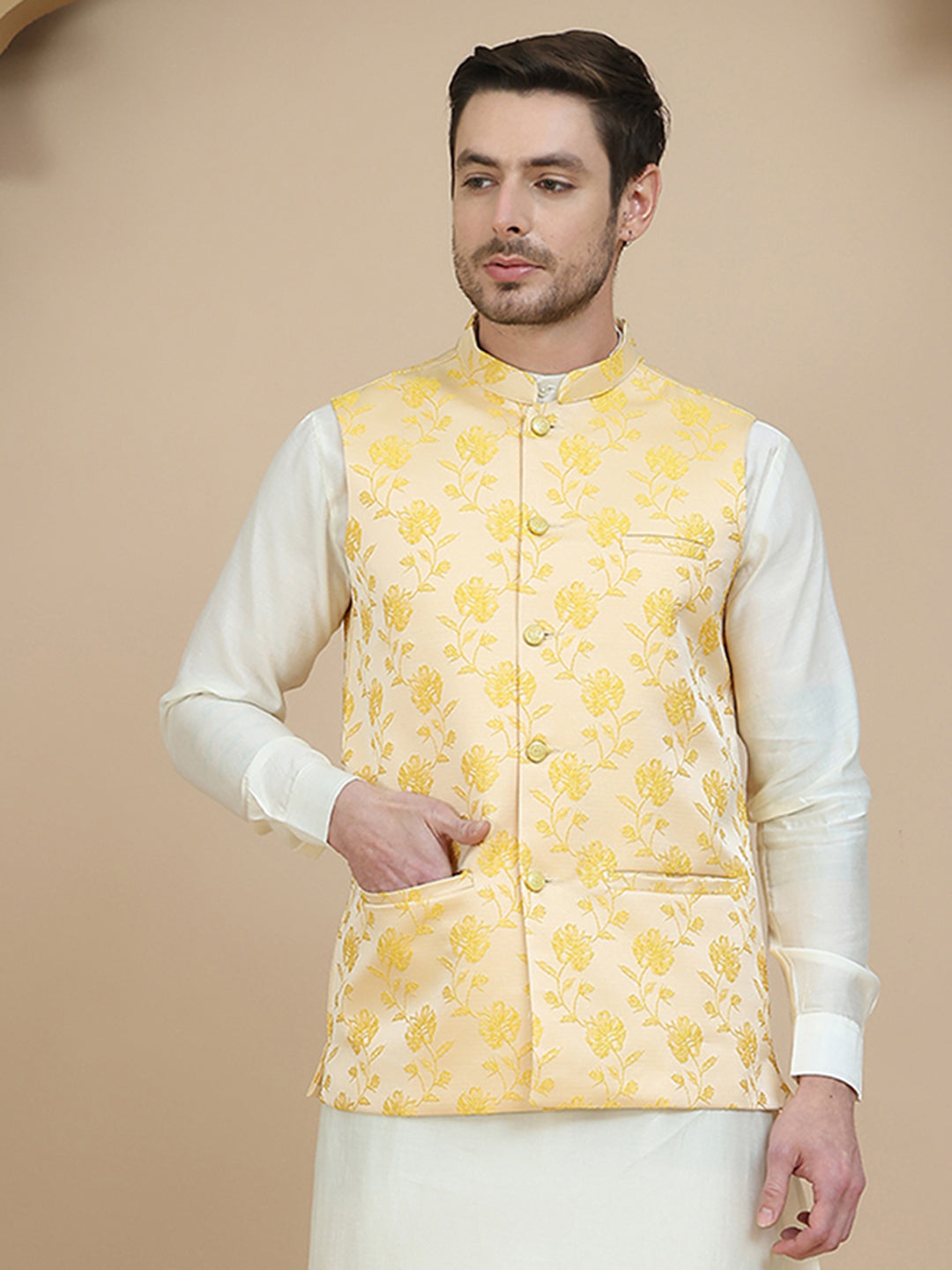 Embossed Nehru Jacket for Men ( JOWC 4133 Yellow )