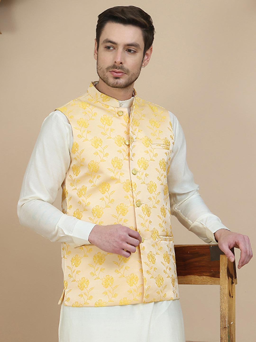 Embossed Nehru Jacket for Men ( JOWC 4133 Yellow )