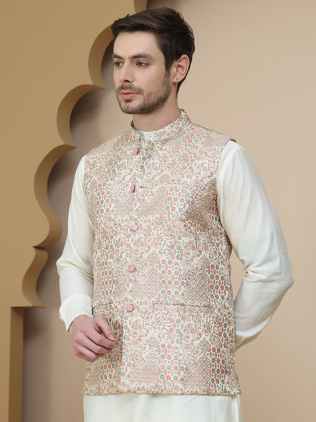 Woven Design Nehru Jacket for Men ( JOWC 4134 Coral )