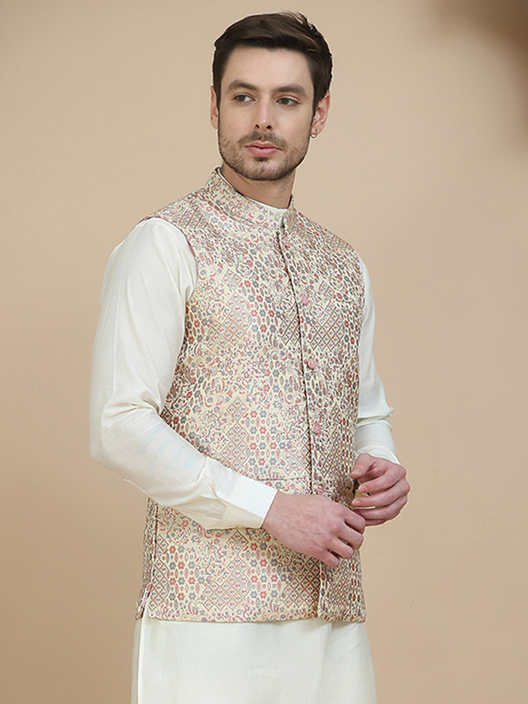 Woven Design Nehru Jacket for Men ( JOWC 4134 Coral )