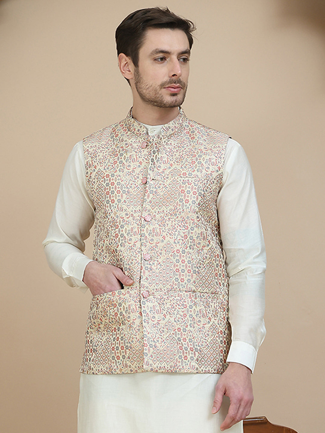 Woven Design Nehru Jacket for Men ( JOWC 4134 Coral )