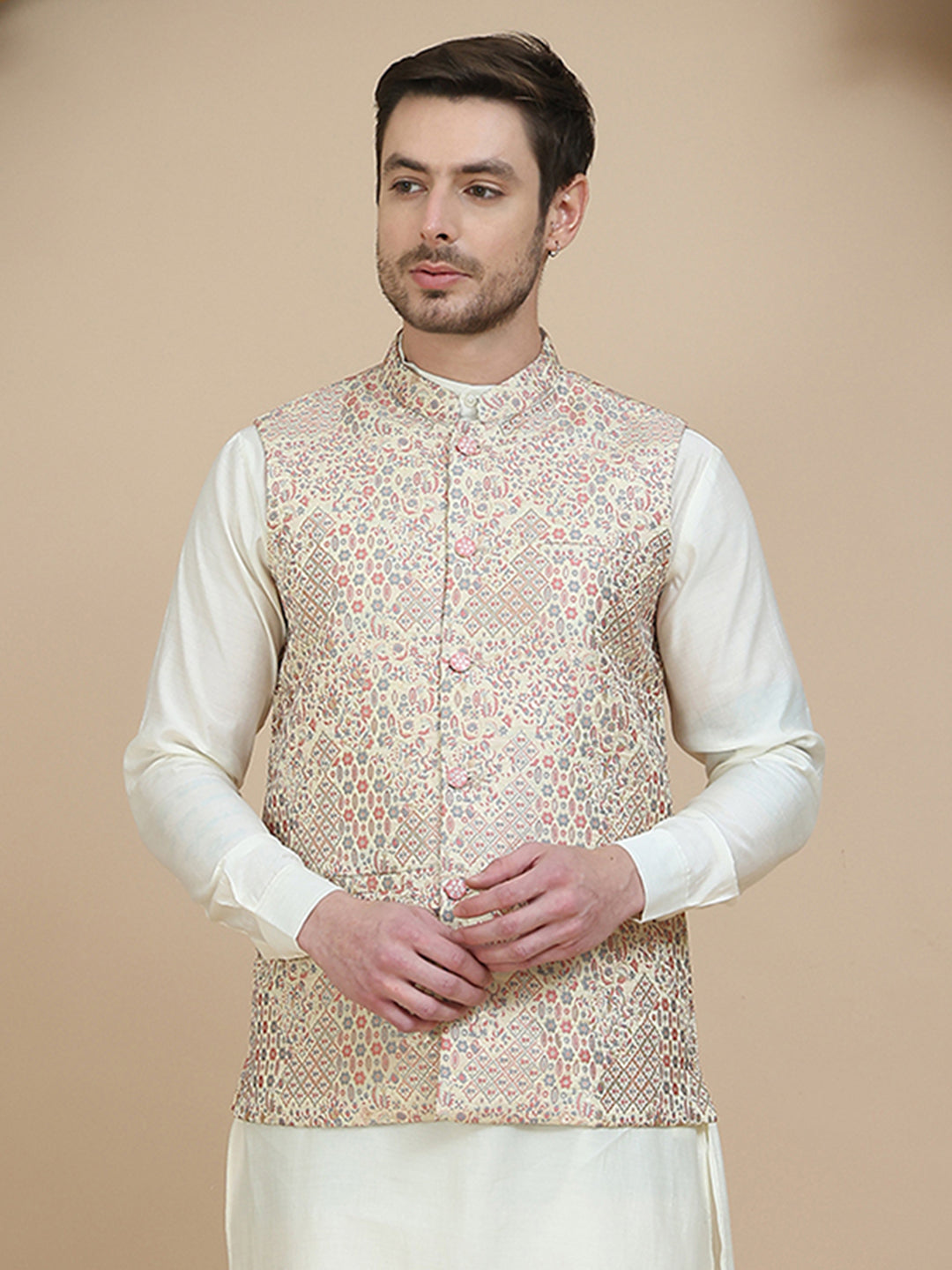 Woven Design Nehru Jacket for Men ( JOWC 4134 Coral )