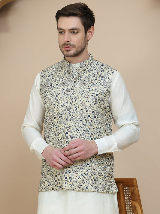 Woven Design Nehru Jacket for Men ( JOWC 4134 Navy )