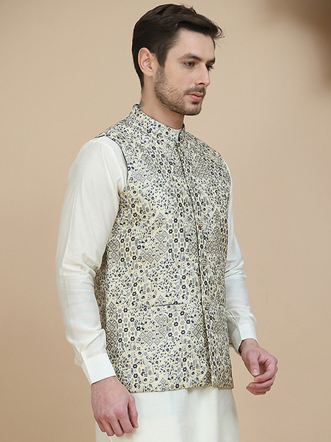 Woven Design Nehru Jacket for Men ( JOWC 4134 Navy )