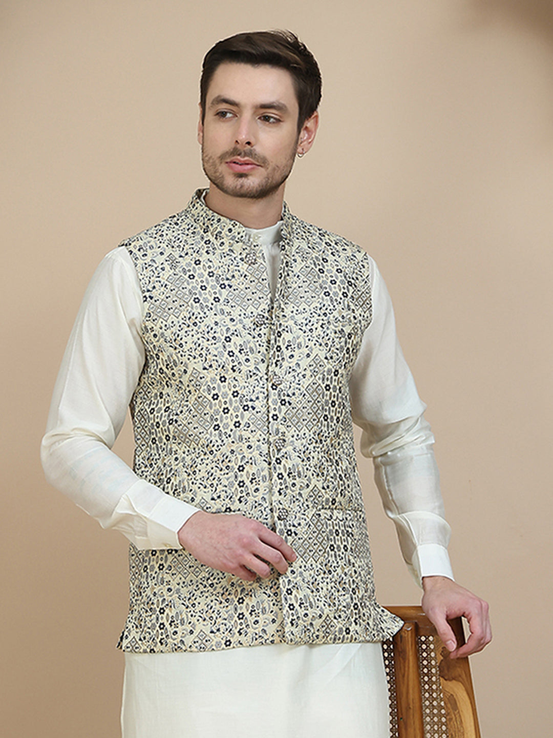Woven Design Nehru Jacket for Men ( JOWC 4134 Navy )