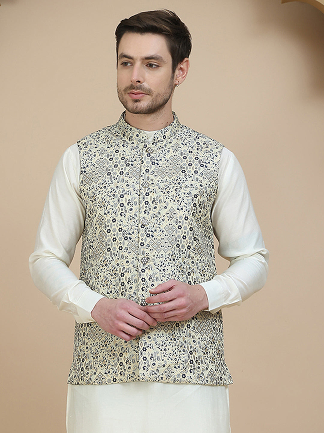Woven Design Nehru Jacket for Men ( JOWC 4134 Navy )